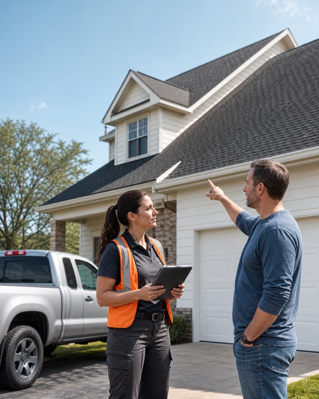 Roofing estimator discussing a scheduled inspection with a homeowner