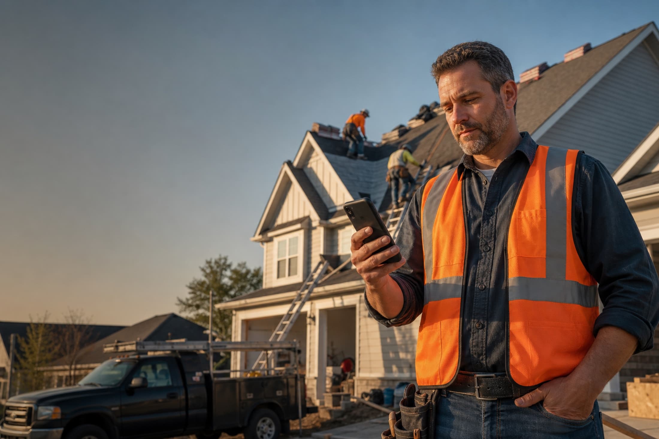 Roofing company owner reviewing a new opportunity at an active job site
